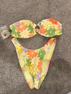 wild fable Yellow Floral Bandeau Bikini Set with Orange & Green Accents